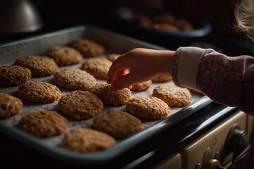 Hand reaching for freshly baked cookies on a tray, showcasing golden brown textures, warm kitchen ambiance, evoking nostalgia for retro baking traditions and sweet memories