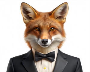 Anthropomorphic Fox in Tuxedo with Glitch Art Background animal suit isolated on a transparent background
