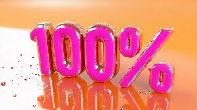 100 percent figure in bright pink against orange gradient background symbolizes high achievement, indicating a score of 100 percent with numeric display for graphic clarity