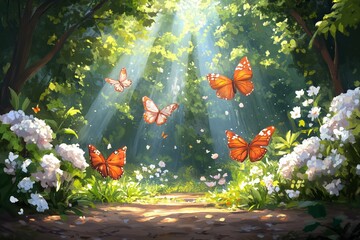 Enchanted Forest Path with Butterflies and Flowers