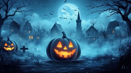 Spooky Halloween Night With Glowing Pumpkins and Eerie Moonlight Over Ghostly Village Landscape.