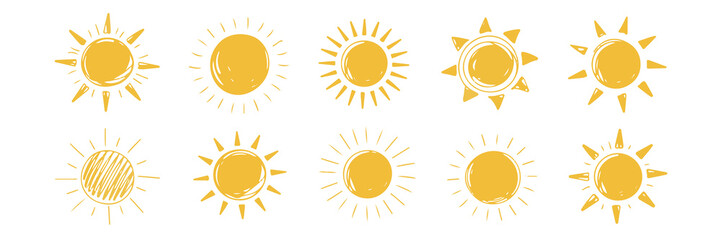 Sunny Sketches: An Array of Hand-Drawn Sun Illustrations Radiating Warmth and Happiness on a Clean White Backdrop.
