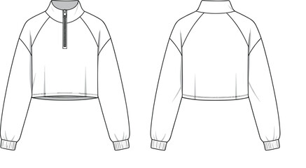 Front and back technical sketch of cropped pullover sweatshirt, quarter zip collar, long sleeve design, fashion flat vector illustration template © rayhan039