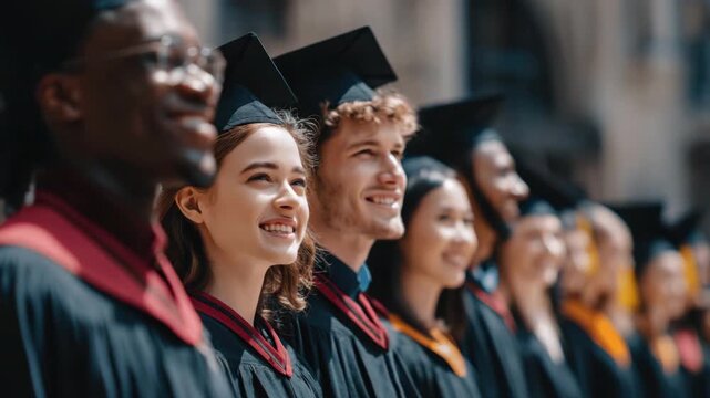 Group high school, university, college graduates standing in caps, gowns during commencement ceremony. Vibrant black robes symbolize achievement, celebration. Anticipation future. Academic success.