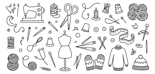 Naklejka premium Charming Hand-Drawn Sewing and Knitting Elements Seamless Pattern, an Artistic Expression of Crafting Hobbies.