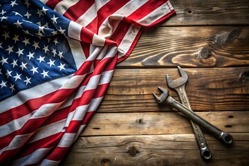 American flag with wrenches on a rustic wooden background for labor day celebration