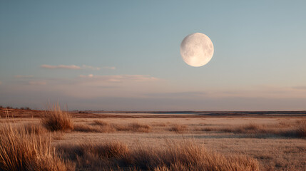 Fototapeta premium Full moon rising over a field of golden grass. Dusk or dawn creates a peaceful, scenic view.