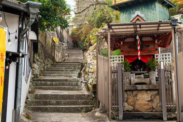 Traditional Shinto Shrine and Mossy Stone Steps in a Japanese Village
