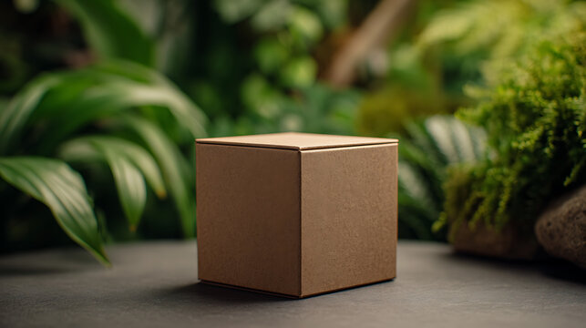 Minimalist brown cube box resting on dark surface surrounded by lush green foliage cardboard packaging