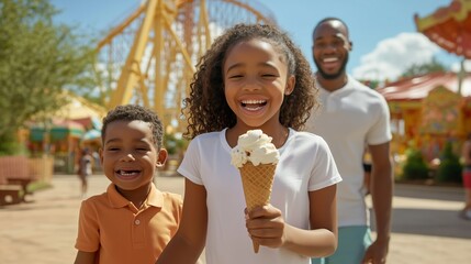 Happy Family Enjoying Ice Cream at Amusement Park