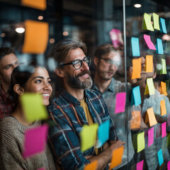 Obraz premium Diverse Startup Team Brainstorming with Sticky Notes in Modern Canadian Office