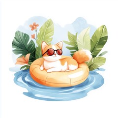 Adorable Cat Relaxing on a Pool Float in a Tropical Paradise