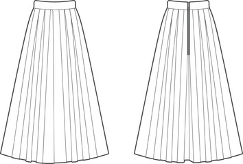Cad Drawing Flat Vector Illustration, Long Pleated Skirt with Waistband, Front and Back View, Technical Fashion Garment Template