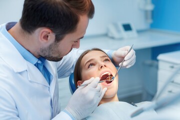 A Dentist Examines a Patient's Teeth with Precision Tools in a Modern Clinic Environment, Ensuring Oral Health and Hygiene During a Routine Checkup