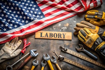 A rustic display of labor day tools and an american flag creates a patriotic scene