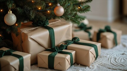 Holiday Decorations With Gifts Under a Christmas Tree in a Cozy Living Room Setting.