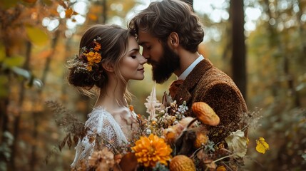Couple Sharing a Romantic Moment in an Autumn Forest With Vibrant Flowers and Warm Colors