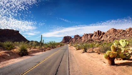 desert road with rocky cliffs and cacti under bright blue sky with clouds