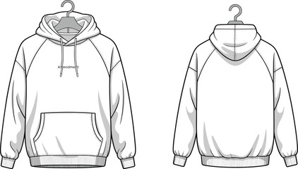 Cad Drawing Flat Vector Illustration, Unisex Hoodie with Kangaroo Pocket and Drawstrings, Front and Back View, Fashion Design Sketch