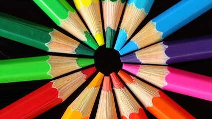 Naklejka premium A Vibrant Collection of Colorful Pencils Arranged in a Circular Fashion Highlighting Their Bright Hues Against a Dark Background