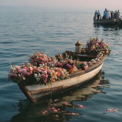 Floral Decorated Boat on Water sea burial 