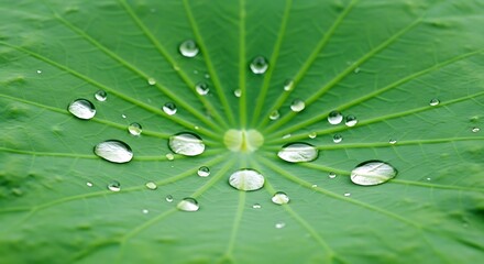 Vibrant Green Lotus Leaf Adorned with Pristine Water Droplets, Nature's Art: Close-up of Water Drops on a Fresh Green Leaf