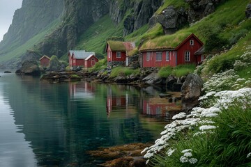 Red Houses by the Sea: A Tranquil Coastal Scene