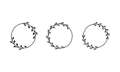 Leafy Circle Frames Collection. This set includes three minimal round wreaths with curved hand drawn botanical twigs.