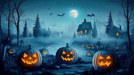 Spooky Halloween Night With Glowing Pumpkins and Eerie Moonlight Over Ghostly Village Landscape