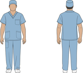 Cad Drawing Flat Vector Illustration, Medical Scrubs Front and Back View, Blue Uniform Design, Healthcare Apparel Template, Garment Sketch