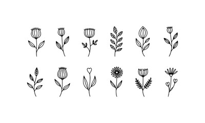 Vertical Floral Elements Set. A collection of vertical floral illustrations with stylized blossoms and elegant line work.