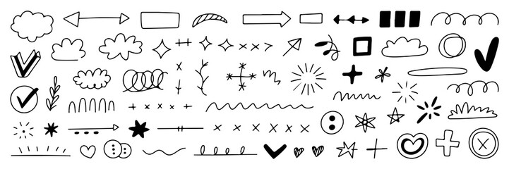 Playful Hand-Drawn Doodle Set Featuring Arrows, Stars, Clouds, Checkmarks and Other Graphic Design Elements for Creative Projects