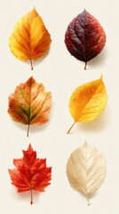 Obraz premium Colorful autumn leaves variety arranged artistically on a light background showcasing the beauty of seasonal change