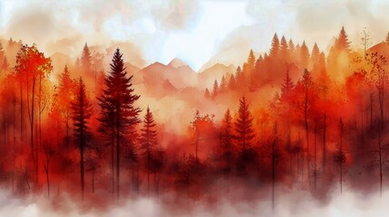 Autumn Landscape Showcasing Vibrant Orange and Red Foliage in a Misty Forest Setting