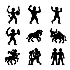 Greek Mythology Constellations. Solid, filled icon set of Greek mythology constellations: Orion, Hercules, Andromeda, Perseus, Leo