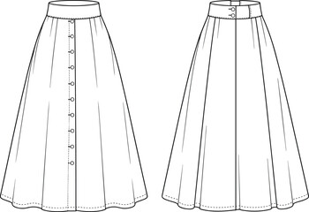 Cad Drawing Flat Vector Illustration, Button-Front Skirt Fashion Design, Front and Back View, Apparel Template, Technical Sketch