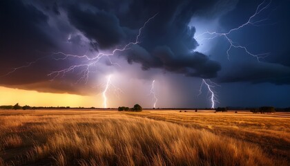 dramatic thunderstorm with lightning striking over open field