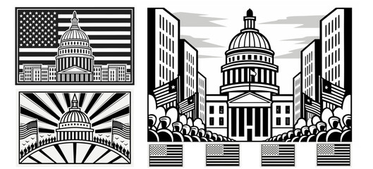 U.S. Capitol and city streets with crowds, flags and banners; monochrome civic parade and democracy rally illustration