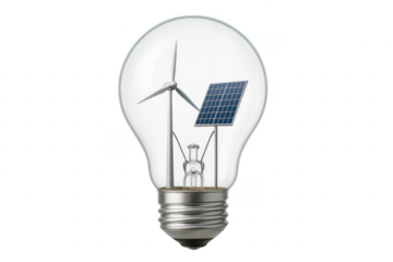 Light bulb containing wind turbine and solar panel promoting renewable energy with transparent background