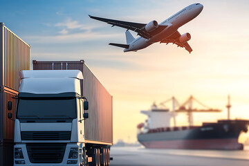 Global trade by air, sea, and land, symbolizing interconnected supply chains in logistics and transportation for worldwide commerce at sunrise.