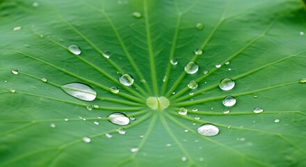 Close-up of a Vibrant Green Lotus Leaf Adorned with Sparkling Raindrops, A Symphony of Raindrops on a Lotus Leaf: Capturing Nature's Delicate Beauty