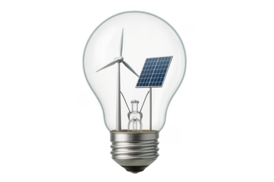 Light bulb containing wind turbine and solar panel promoting renewable energy with transparent background - Powered by Adobe