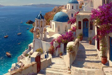 Stunning Coastal Village with Blue Domes and Bougainvillea