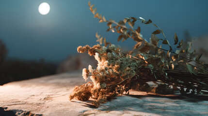 Dried flora under moonlit skies evokes tranquil beauty, a reminder of nature's serene moments at night.
