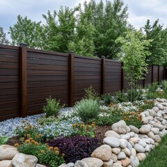 Dark Wood Fence and Boulder Garden Serene backyard landscape with stone edging and flower bed , Landscaping , Backyard