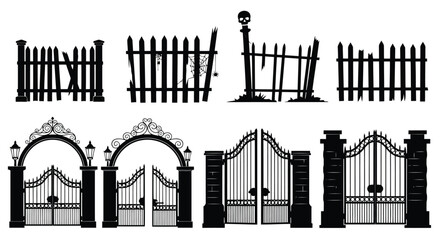 Broken picket fences and ornate wrought iron gates with lamps vector