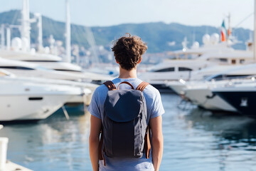 Fototapeta premium Man with backpack overlooking yachts on a sunny day. Summer vacation vibes.