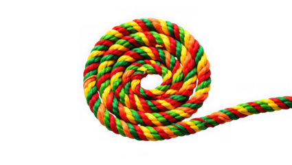 A tightly coiled spiral of colorful rope creates a striking visual pattern on a transparent background
