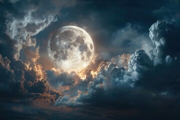 Glowing full Moon shines through storm clouds during the nighttime in the dark sky, illuminating the ground below