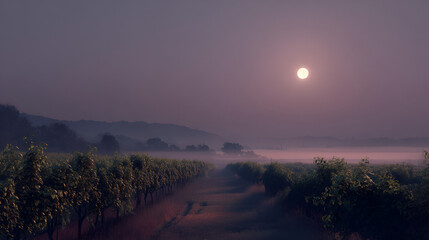 Obraz premium Vineyard rows bathed in morning mist beneath a pale moon, creating a serene and picturesque landscape.
